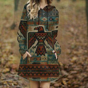 American Western Eagle Tribal Southwestern Hoodie Pullover Mini Dress Size 2xl